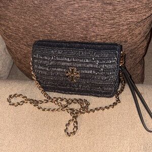 Tory Burch Black Woven Leather Crossbody with Gold Logo Chain
